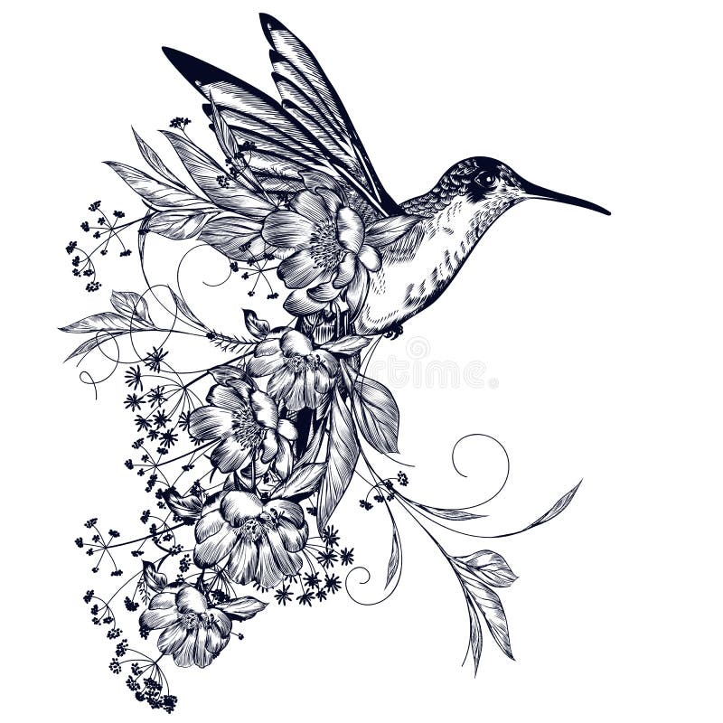 Elegant vektor hummingbird med blommor och blomning i vintagstil vektor illustrationer
