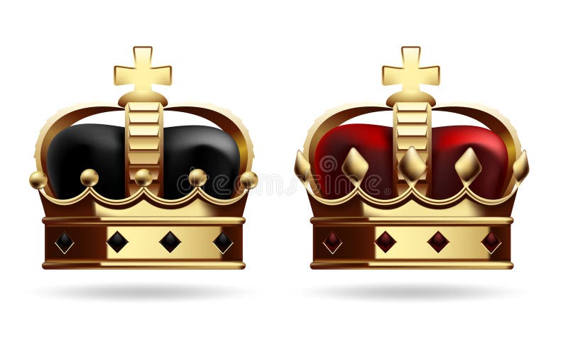 Elegant vektor illustration av två lyxurösa gyllene kronor svarta och röda sammet isolerade på vit bakgrund. För kungliga teman royaltyfri illustrationer
