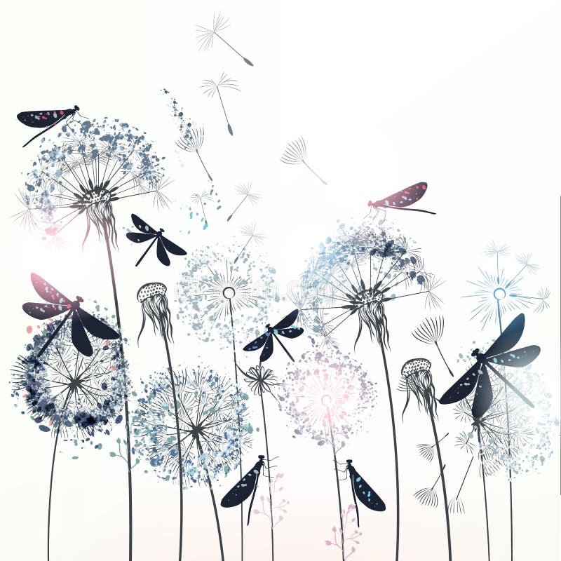Elegant vektorillustration med dandelioner och dragonflugor stock illustrationer