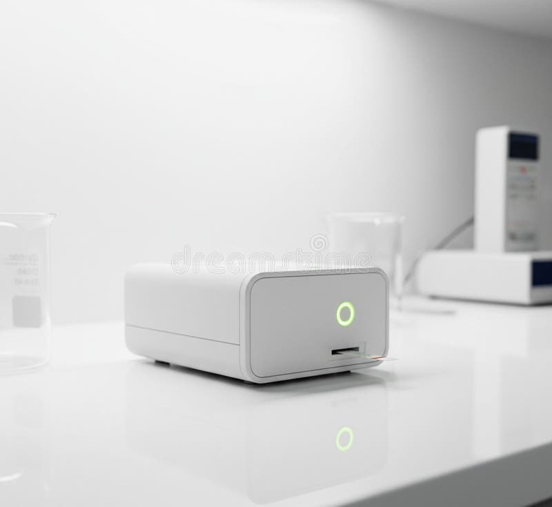 An elegant view of a compact, modern medical diagnostic device sitting on a pristine laboratory surface with a green status light illuminated. This device symbolizes the future of health testing, delivering fast, accurate results directly at the patient's bedside or in decentralized care settings. It is ideal for rapid testing, sample analysis, or cartridge reading, representing innovation in disease detection and monitoring. Poc test stock images, royalty-free photos and pictures