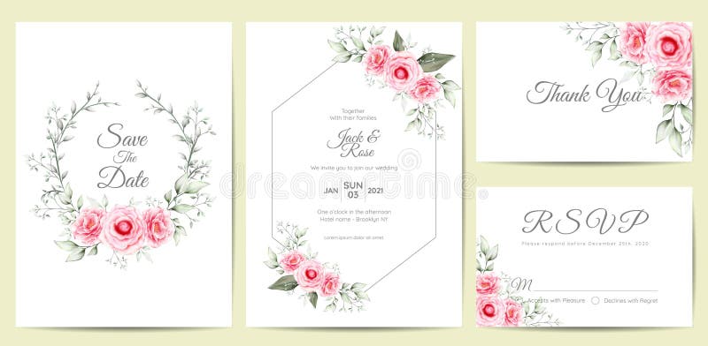 Elegant Watercolor Floral Wedding Invitation Cards Template. Hand Drawing Flower and Branches Save the Date, Greeting, Thank You