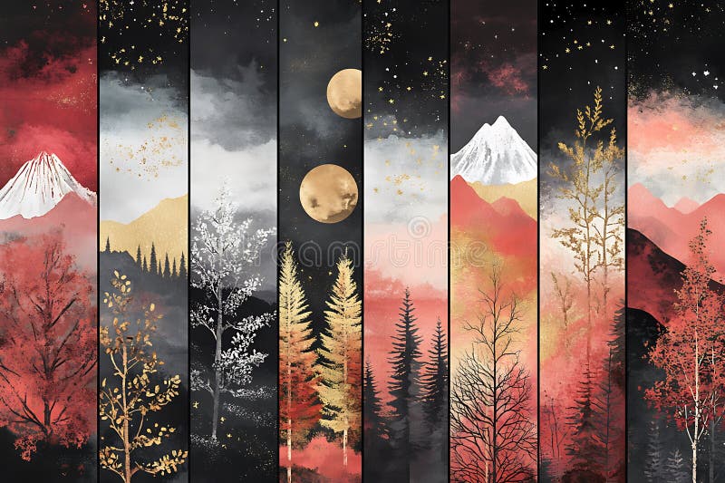 Elegant Watercolor Mountain Landscape Triptych with Gold Accents&Moon illustrazione vettoriale