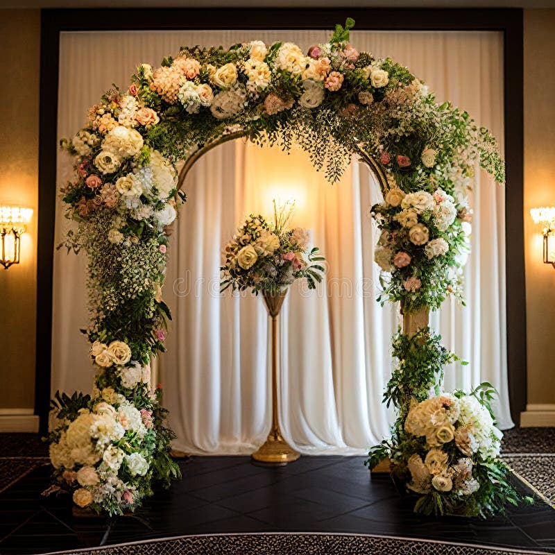 Elegant wedding arch with fresh flowers Generative AI royalty free stock images