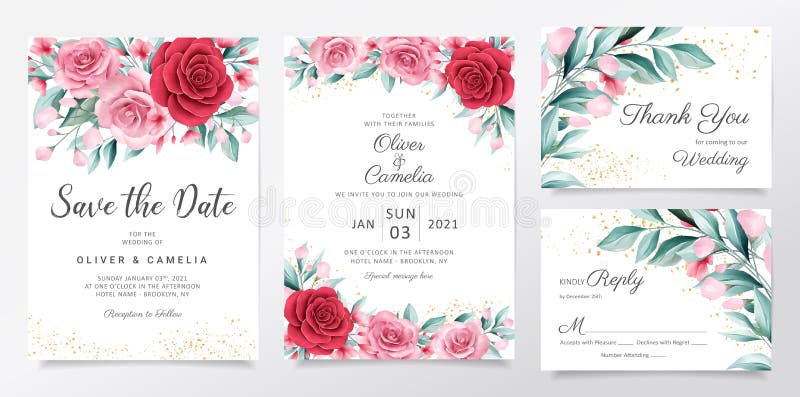 Elegant Wedding Invitation Card Template Set with Watercolor Flowers  Decoration. Botanic Illustration Background of Peach and Red Stock Vector -  Illustration of decoration, beautiful: 169318149