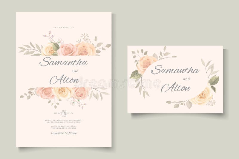Elegant wedding invitation template with soft color blooming roses flower vector illustration