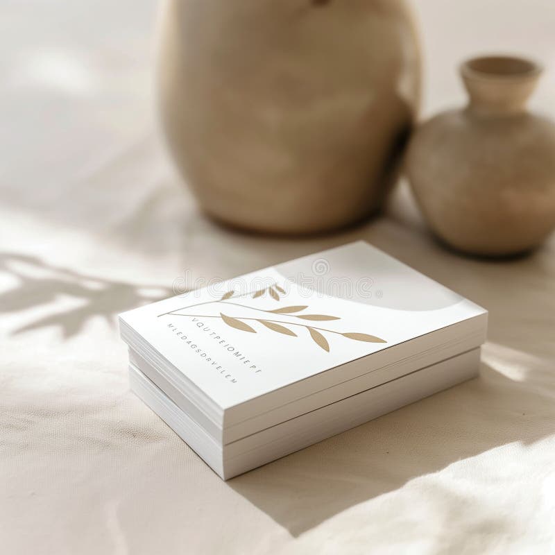 Elegant white cards with leaf design, surrounded by clay vases in soft natural light. vector illustration