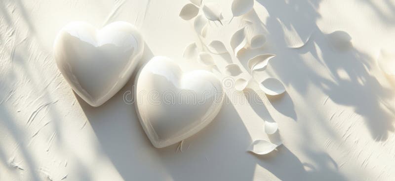 Elegant white ceramic hearts with delicate leaves casting soft shadows on textured surface, symbolizing love and royalty free stock image