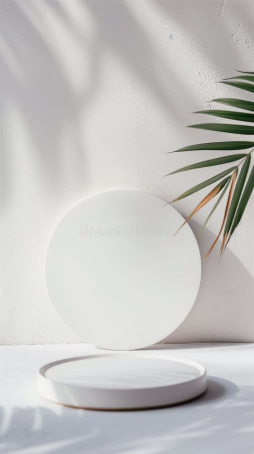 Elegant white circular plates with a palm leaf against a soft backdrop. vector illustration