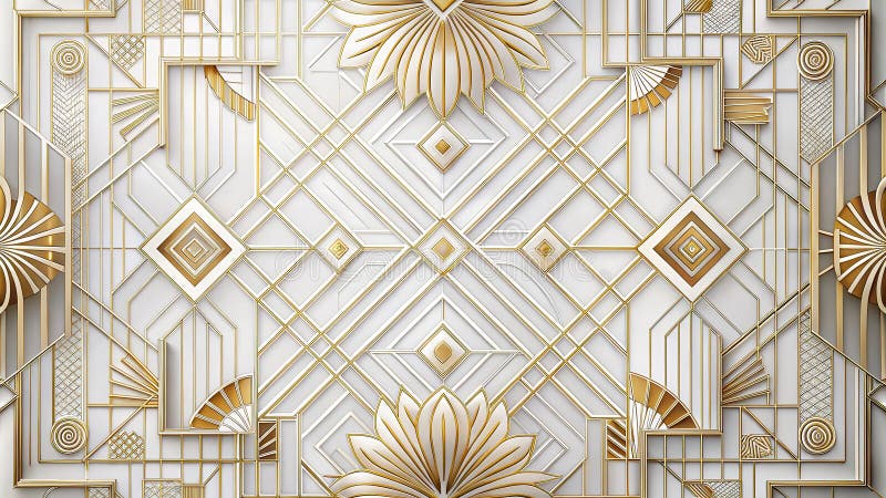 Elegant white and gold geometric art deco panel design featuring intricate linear patterns and ornamental motifs. Generative AI stock illustration