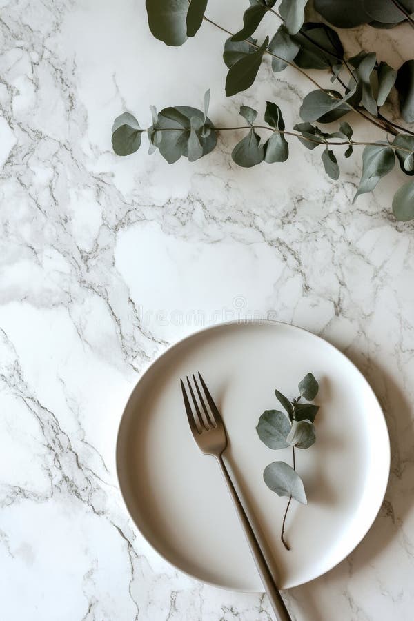 Elegant white plate with a fork and eucalyptus branch on marble background stock images