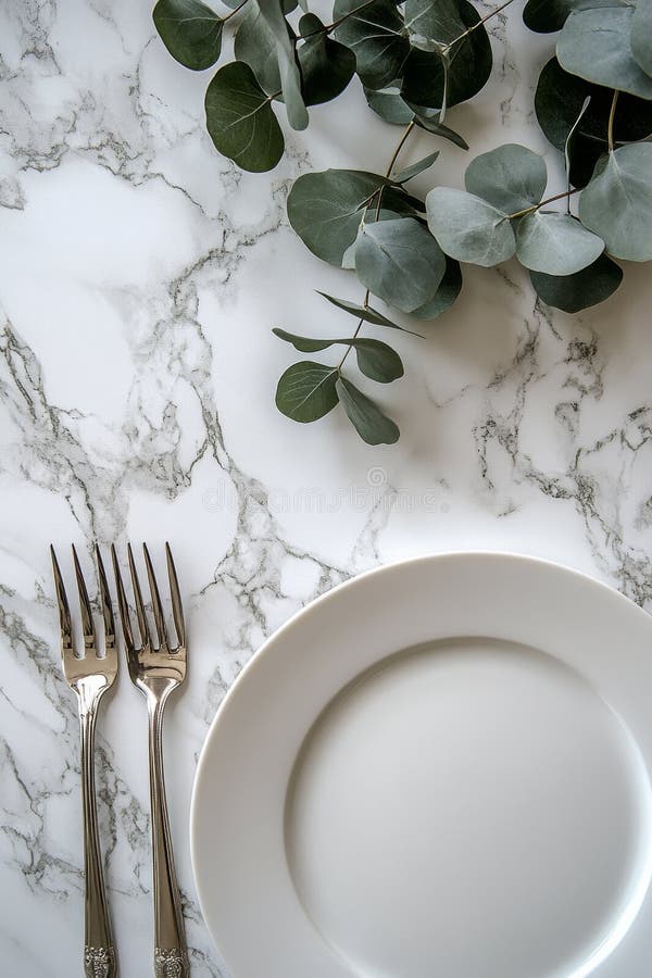 Elegant white plate with a fork and eucalyptus branch on marble background stock images