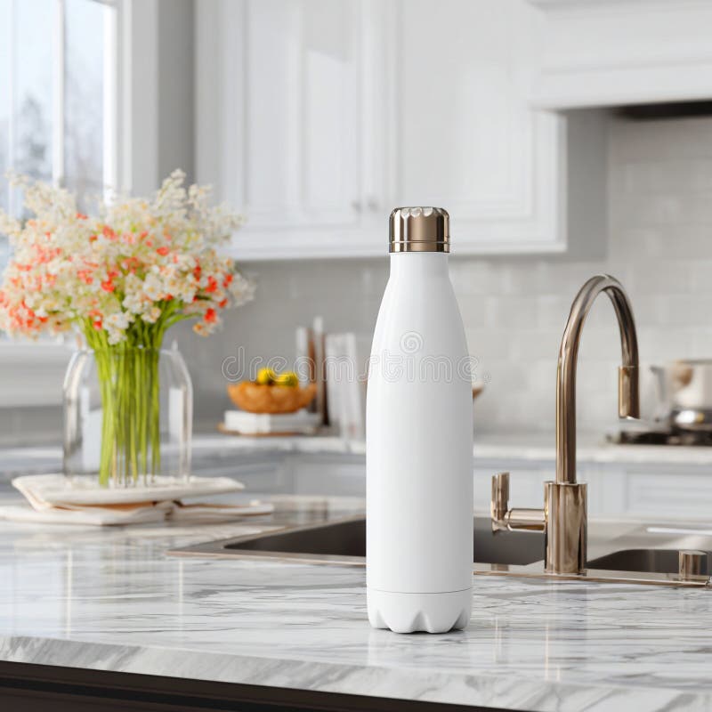 Elegant White Water Bottle in Modern Kitchen Setting stock illustration