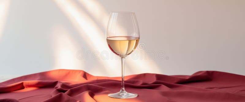 Elegant Wine Glass in Warm Sunlight on Red Tablecloth stock images