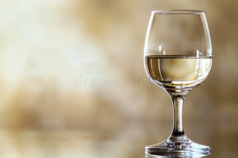 Sticlă de vin elegantă cu vin alb pe suprafață reflectantă. stock image