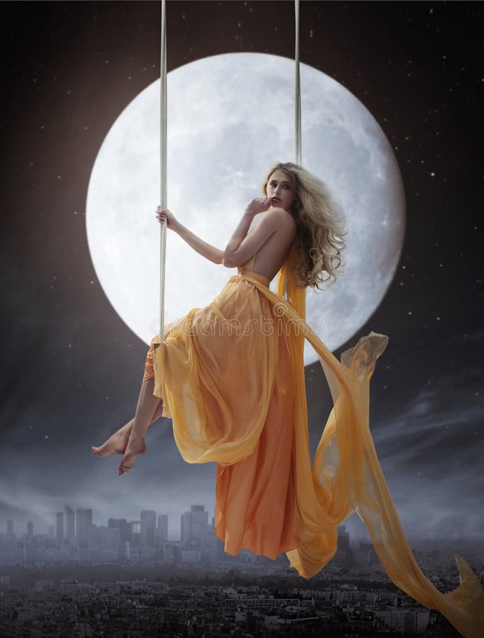 Elegant young woman over big moon background