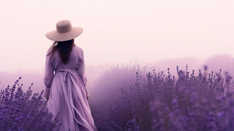 Elegant Woman Permanent Amidst Vibrant Lavender Field Scene royaltyfri illustrationer