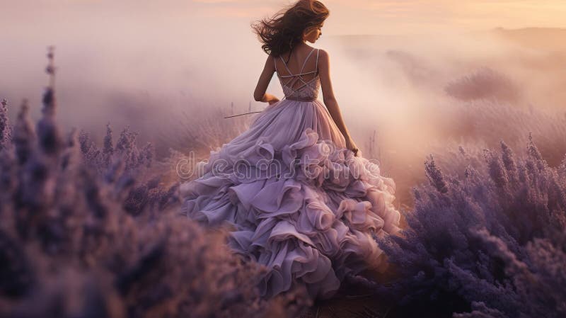Elegant Woman permanent i ett lavender Field Sunset stock illustrationer