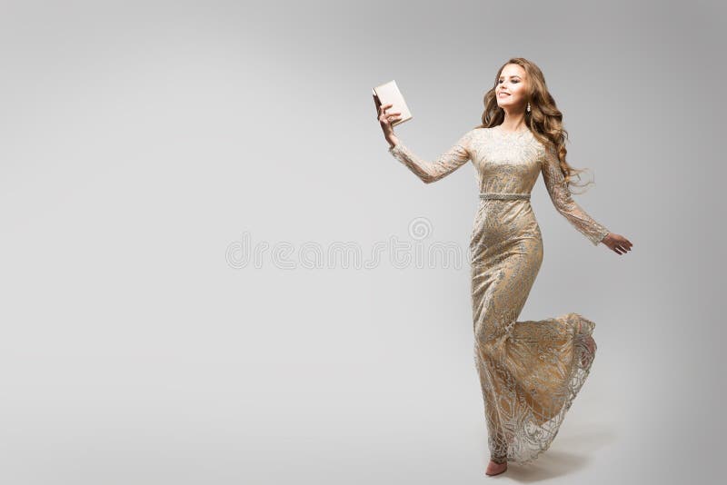 Elegant Woman Sparkling Lace Dress, Happy Running Fashion Model in Beautiful Gown, Beauty Studio Portrait