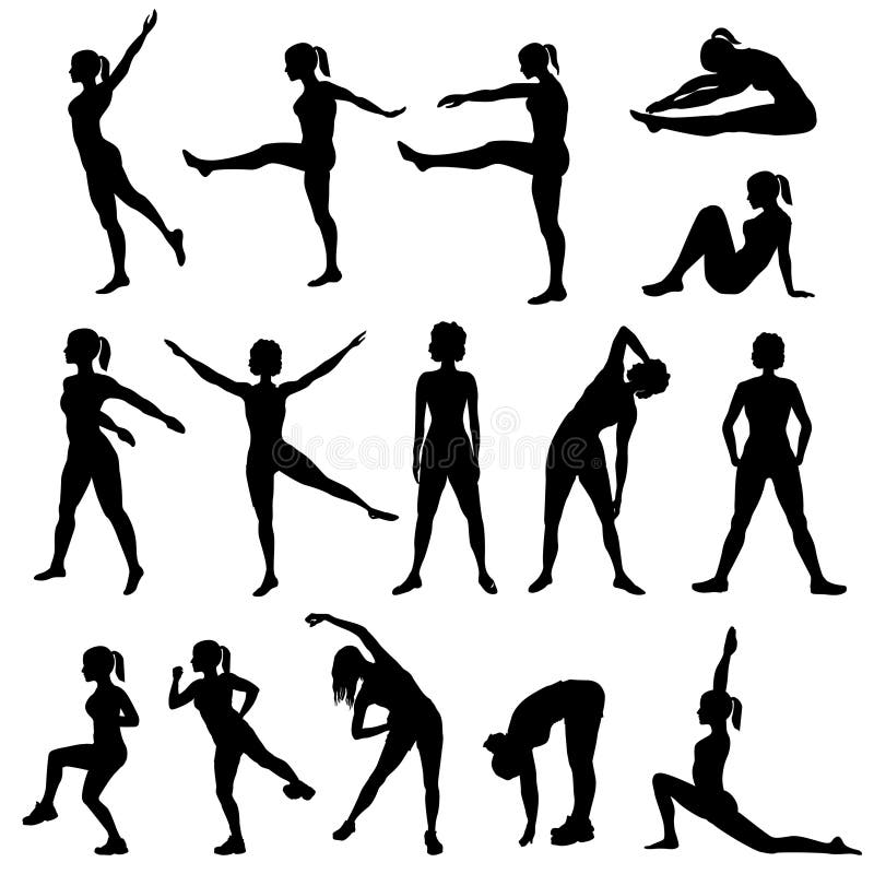 Elegant women silhouettes doing fitness exercises. Fitness club