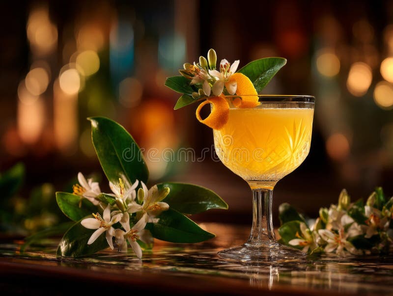 Elegant Yellow Cocktail med Orange Blossom Garnish vektor illustrationer