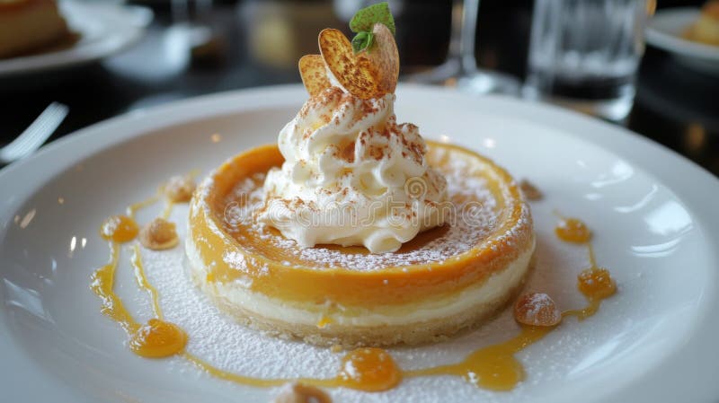 Elegant Yellow Dessert med Whipping Cream på vit plåt royaltyfri illustrationer