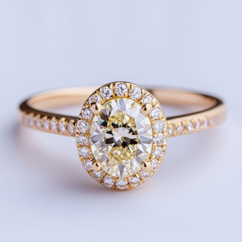 Elegant Yellow Diamond Ring med Halo-inställning omgiven av mousserande stenar royaltyfri illustrationer