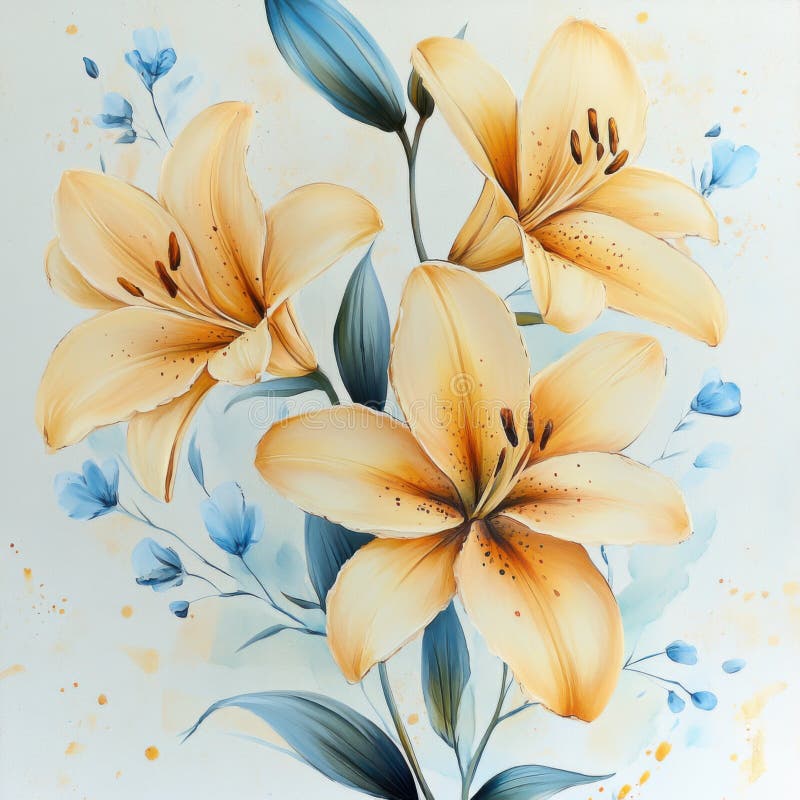 Elegant Yellow Lilies and Blue Flowers on Light Background stock illustrationer