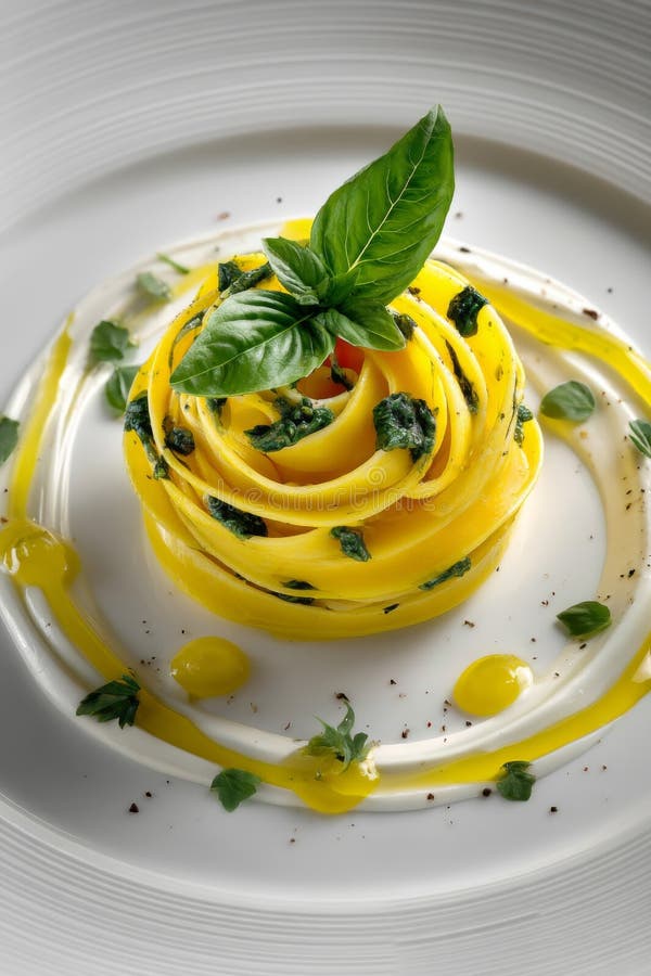 Elegant Yellow Pasta Dish med Basil Garnish vektor illustrationer