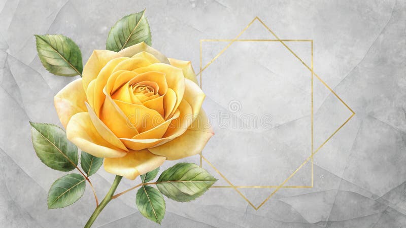 Elegant yellow rose with geometric gold frame on textured background. Generative AI royalty free illustration
