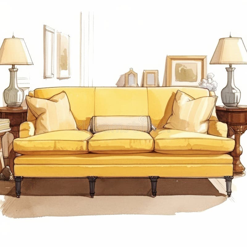 Elegant Yellow Sofa in Living Room Inor Design Illustration stock illustrationer