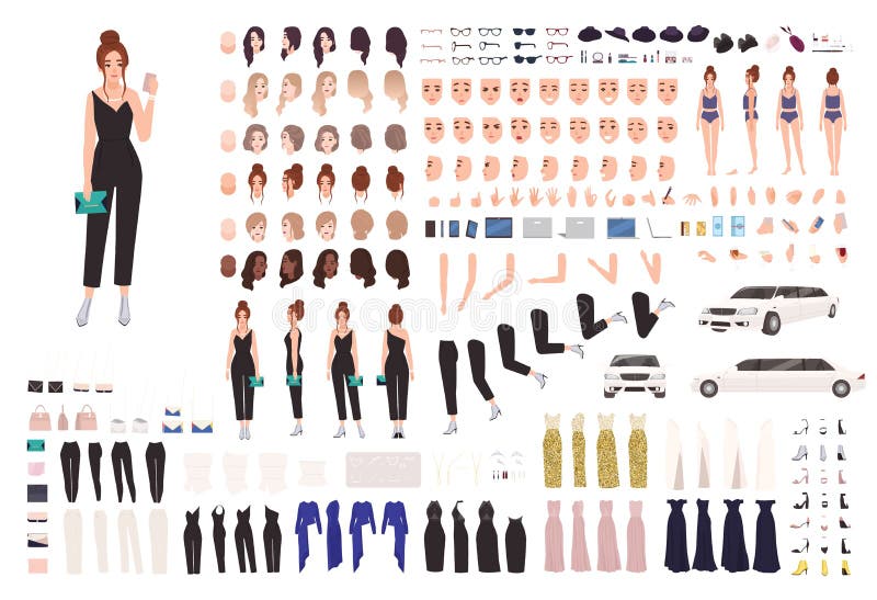Elegant young woman animation set or constructor kit. Collection of body parts, gestures, postures, evening clothes