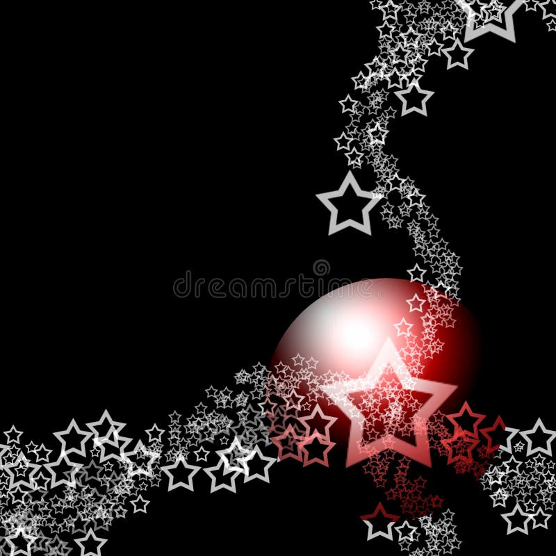 Festive Abstract Elegant Ornament Theme with Red Bauble Ball and White Lacy Stars over Black Background. Festive Abstract Elegant Ornament Theme with Red Bauble Ball and White Lacy Stars over Black Background