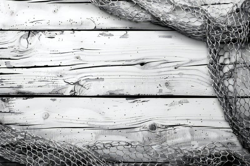 Elegant ögonblicksbild, bakgrund av ljust trä med fisknät och metallnät på kanterna royaltyfri illustrationer
