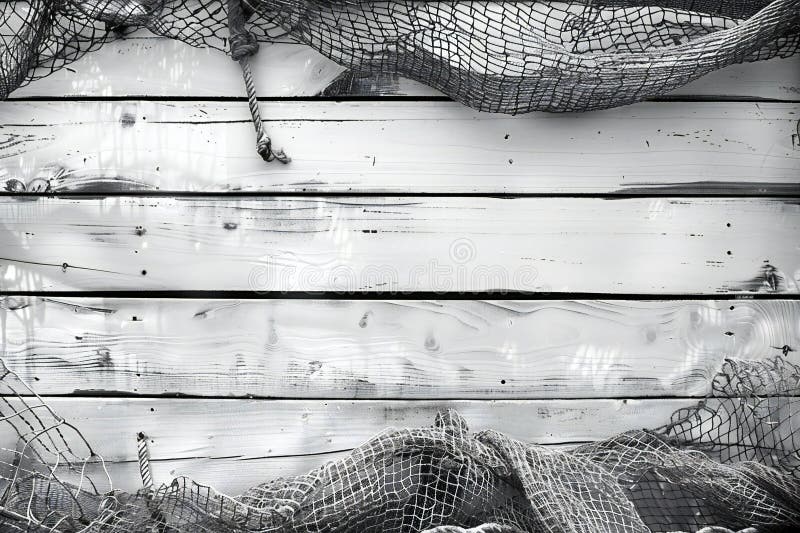 Elegant ögonblicksbild, bakgrund av ljust trä med fisknät och metallnät på kanterna royaltyfri illustrationer