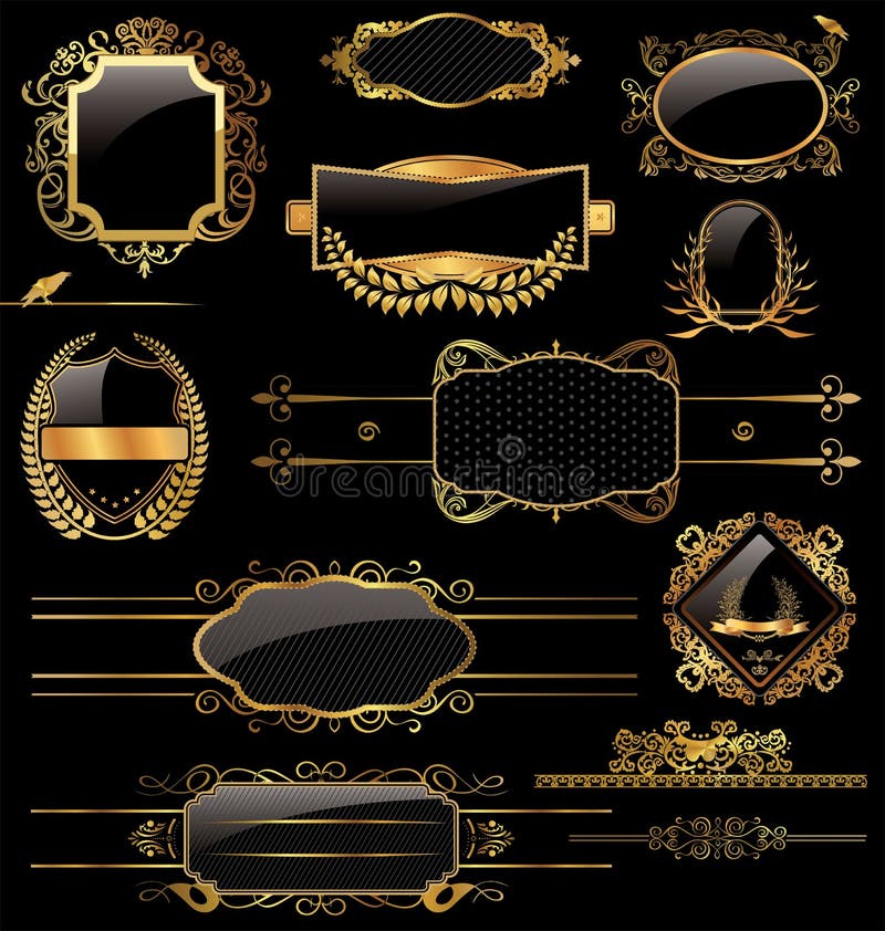 Eleganta guld- och blacketiketter stock illustrationer