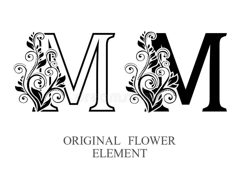 Eleganta inledande bokstäver M i två färgvariationer med botaniskt element Designmallsuppsättning för vektorbokstavslogotyp Etike royaltyfri illustrationer