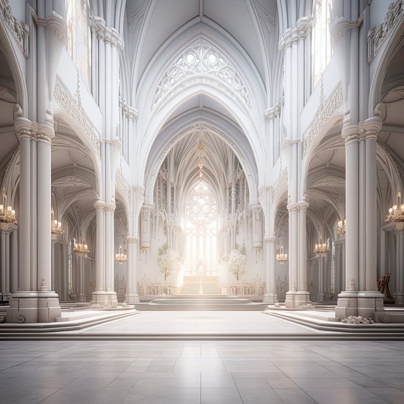 Eleganta och rymliga gotiska invändiga kuvert från en historisk katedral med höga tak stora bågar stock illustrationer