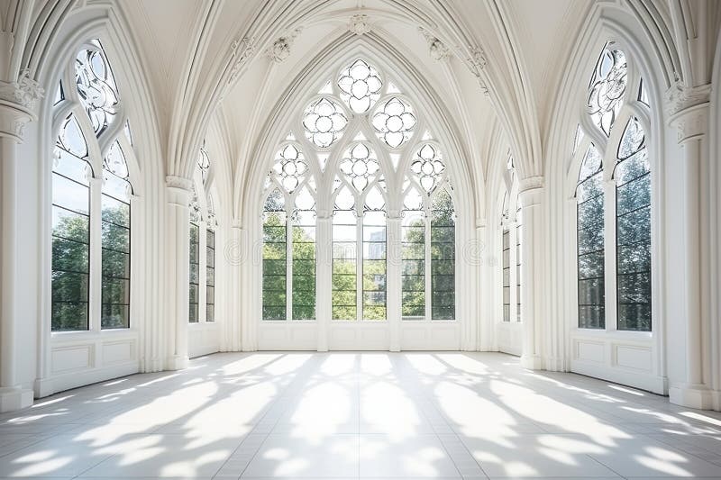 Eleganta och rymliga gotiska invändiga kuvert från en historisk katedral med höga tak stora bågar stock illustrationer
