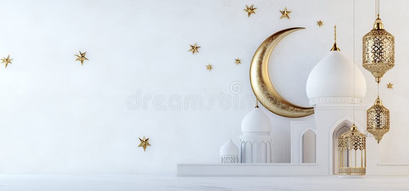 Eleganta scenă a moscheii Ramadan Golden Moon Stars 3D Art Card Hope White Faith Image Light vector illustration