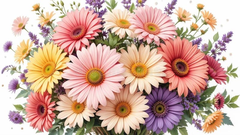 Elegante Bouquet de primavera : Daisies coloridos y Gerberas en una vintage ilustración botánica libre illustration
