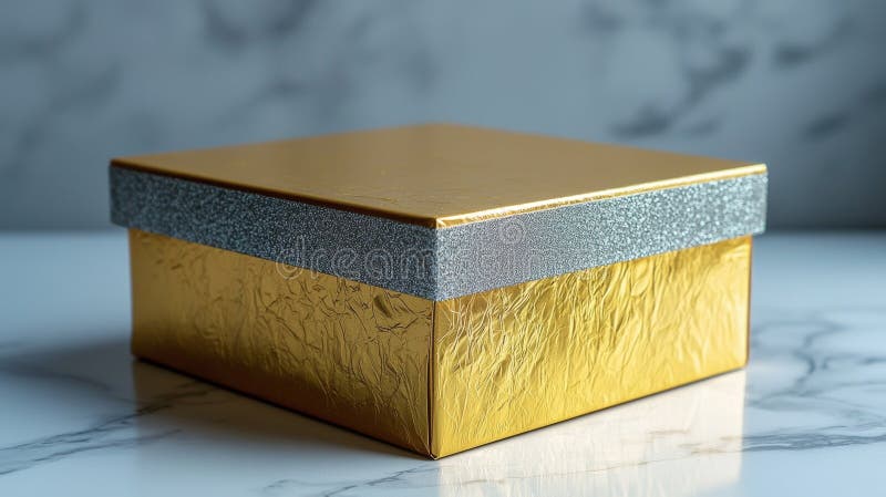 Elegante caja de regalo dorada sobre fondo de mármol de lujo libre illustration