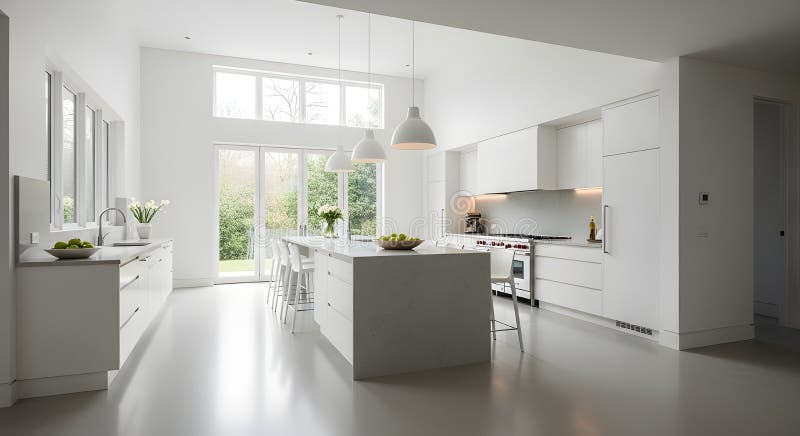 Elegante cucina minimalista con luce naturale e design elegante in bianco illustrazione di stock