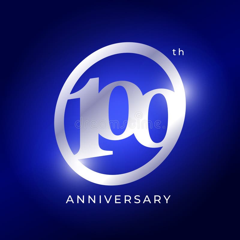 Elegante Diseño De Logotipo Del 100 Aniversario Con Número Metálico De Plata En Fondo Azul. Emblema de celebración de lujo para ilustración del vector