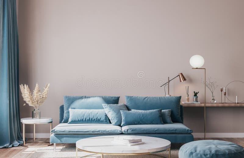 Elegante e moderno interno del salotto blu con accessori per la casa di lusso immagine stock