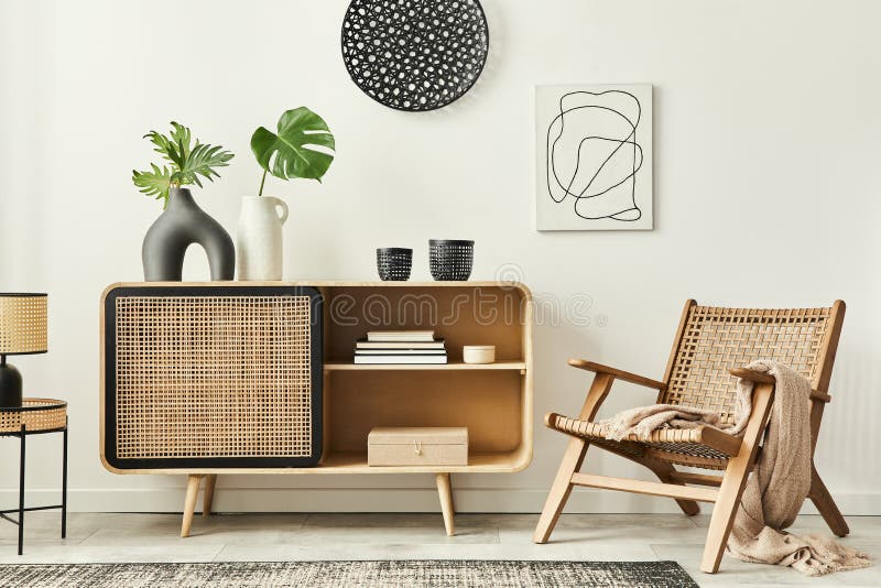 Alfombra entre sillón y mesa de madera en interior de apartamento retro con  silla en escritorio foto real