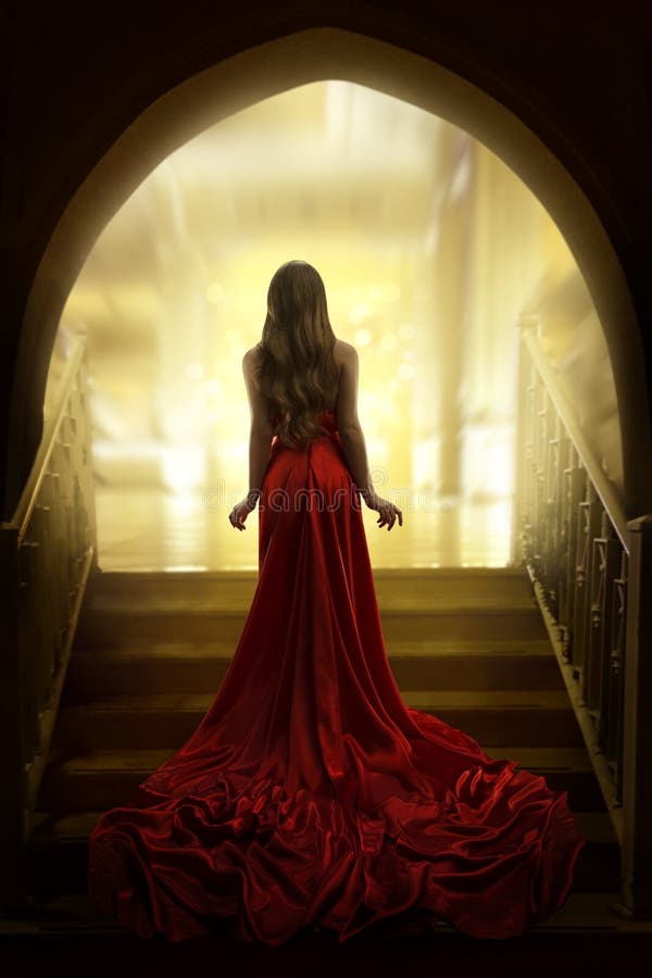 Elegante Frauen-Schattenbild im langen roten Kleid, Dame Back Rear View stockfotos