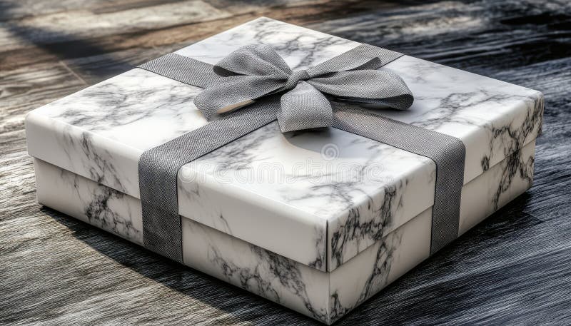 Elegante Geschenkbox aus Marmor mit Silberbogen auf Holzfläche stockbild