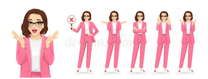 Portrait of casual beautiful business woman showing negative emotions with different gestures set isolated vector illustration. Portrait of casual beautiful business woman showing negative emotions with different gestures set isolated vector illustration