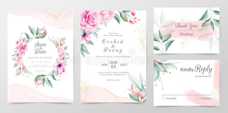 Elegante Hochzeit Einladung Karten Vorlage mit Aquarell Blumendekoration. floralen Rahmen und goldenen Aquarell strukturiert lizenzfreie abbildung