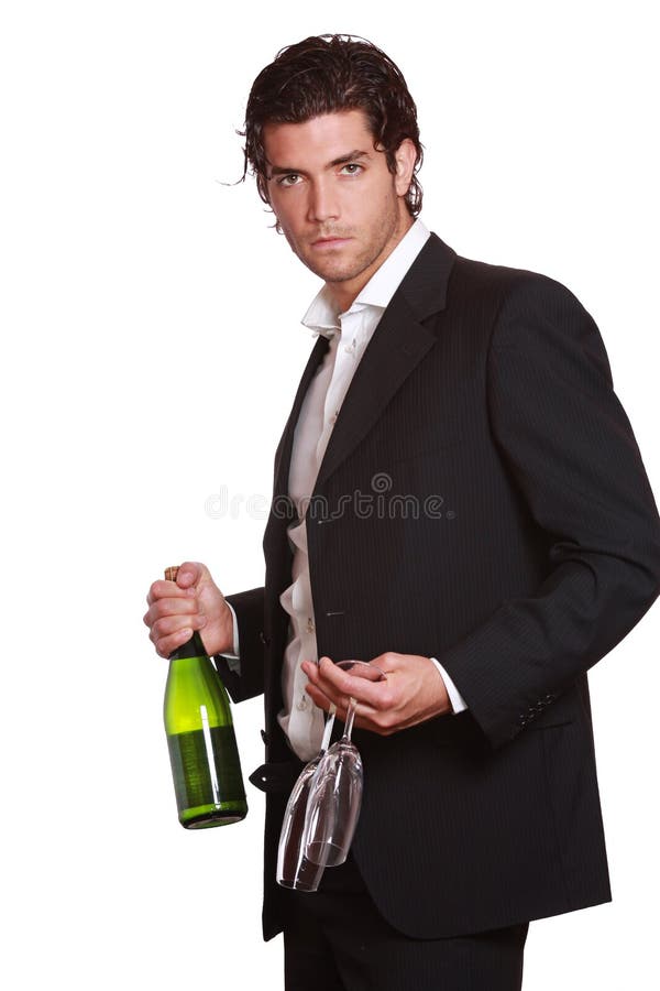 Elegante knappe mens met wijnfles royalty-vrije stock afbeelding Elegante knappe mens met wijnfles royalty-vrije stock afbeelding